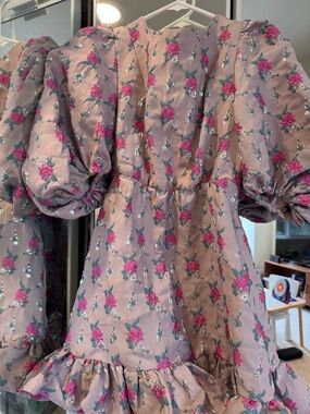 Sister Jane Mauve Pink Floral Backless Puff Sleeve Dress